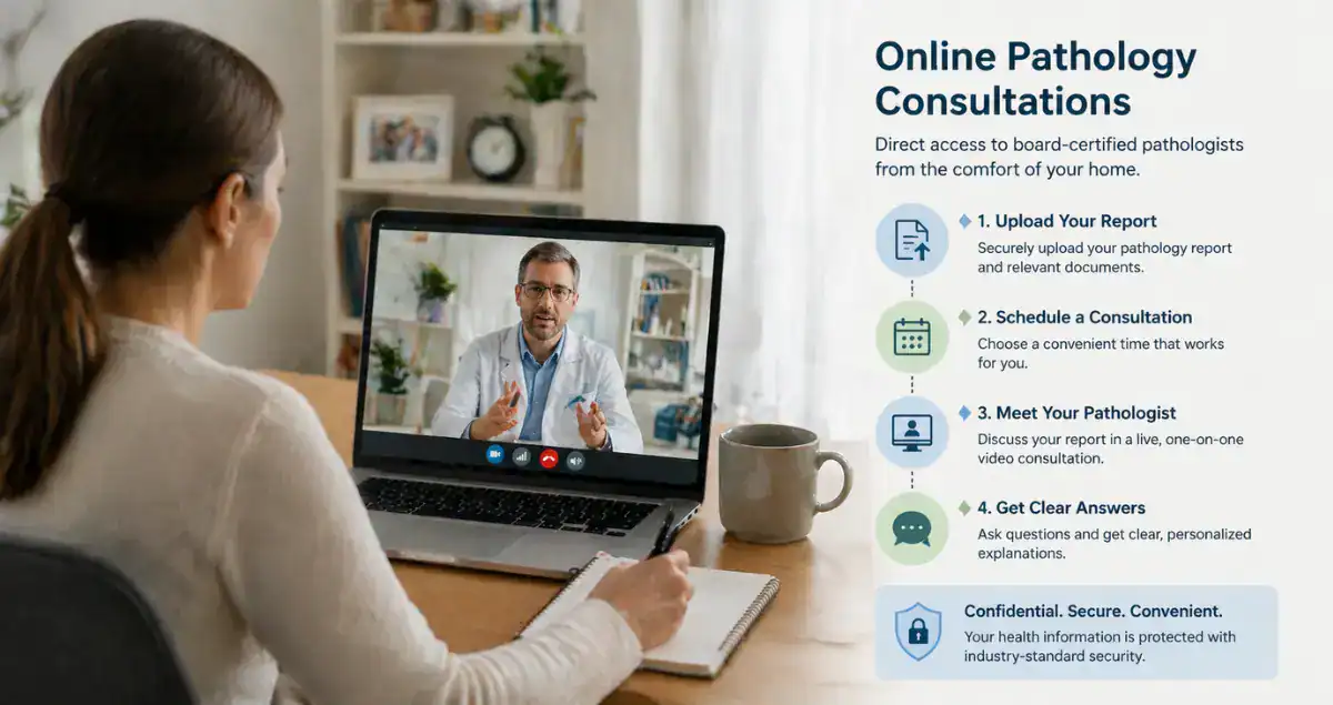 Online pathology consultation process steps including report upload, scheduling, video consultation, and personalized answers