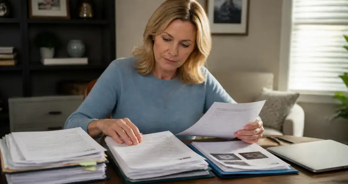 Woman organizing multiple medical and pathology reports at home before consultation