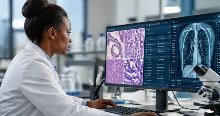 Pathologist analyzing biopsy slides on dual monitors for breast and lung cancer diagnosis