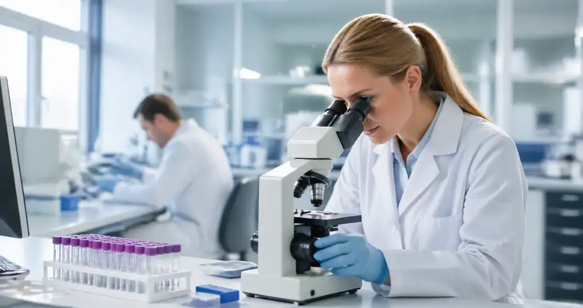 Pathologist examining tissue samples under microscope in laboratory for cancer diagnosis