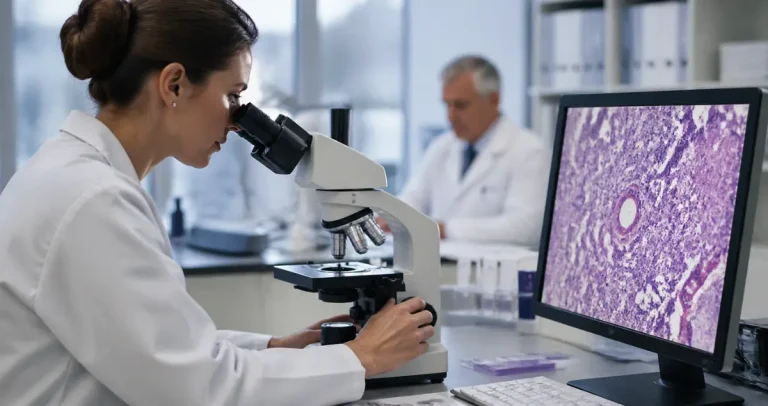 Pathologist examining biopsy sample under microscope with digital slide on screen for second opinion