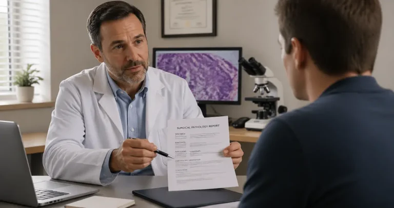 Pathologist explaining surgical pathology report to patient during in-person consultation