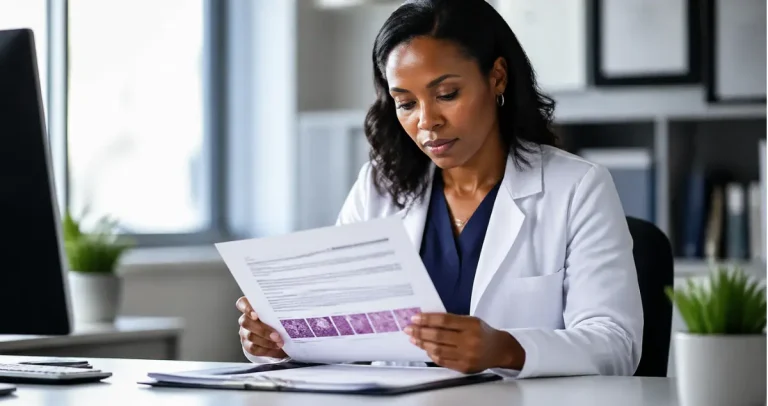 Doctor reviewing a pathology report document during a consultation analysis