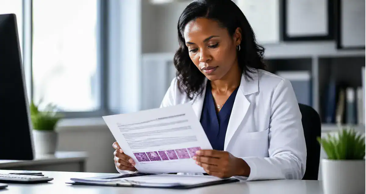 Doctor reviewing a pathology report document during a consultation analysis