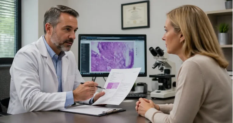 Pathologist reviewing biopsy report and explaining findings to patient during consultation