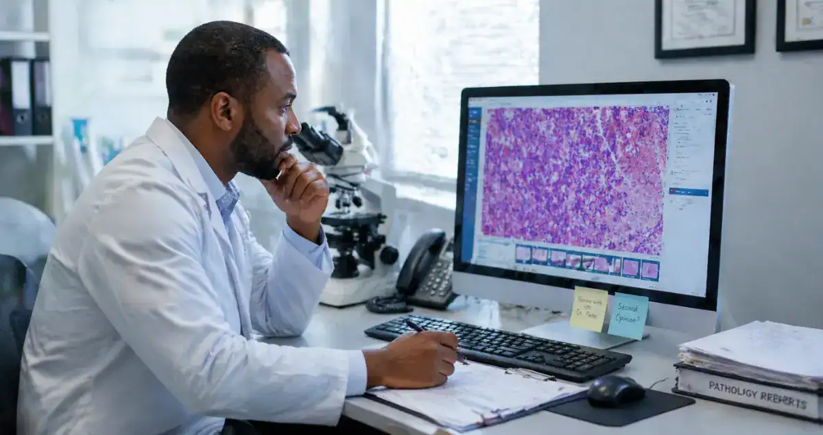 Pathologist reviewing tissue samples on a computer screen for a second opinion diagnosis