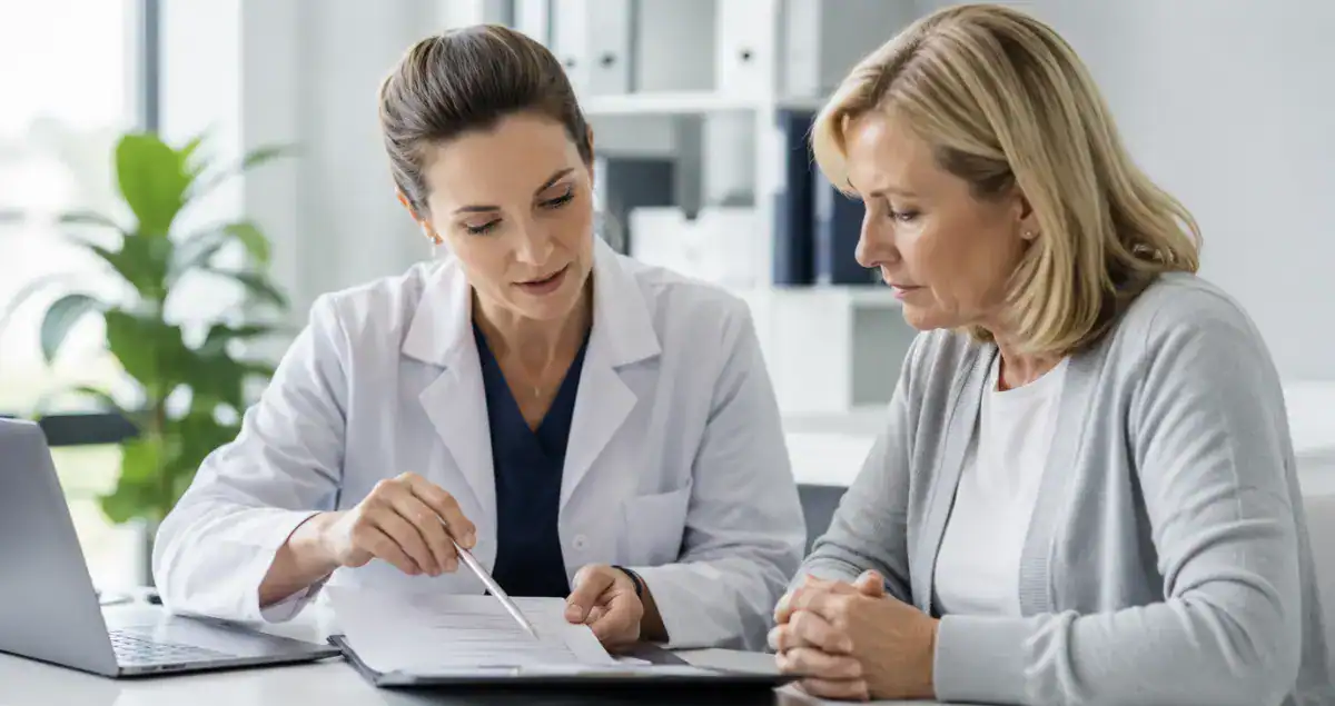 Doctor reviewing a pathology report with a cancer patient before treatment at Honest Pathology