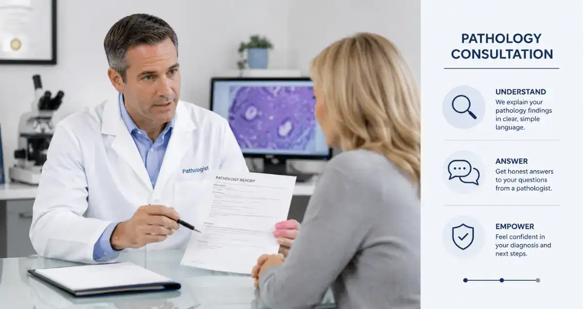 Pathologist explaining a pathology report and helping a patient understand next steps at Honest Pathology