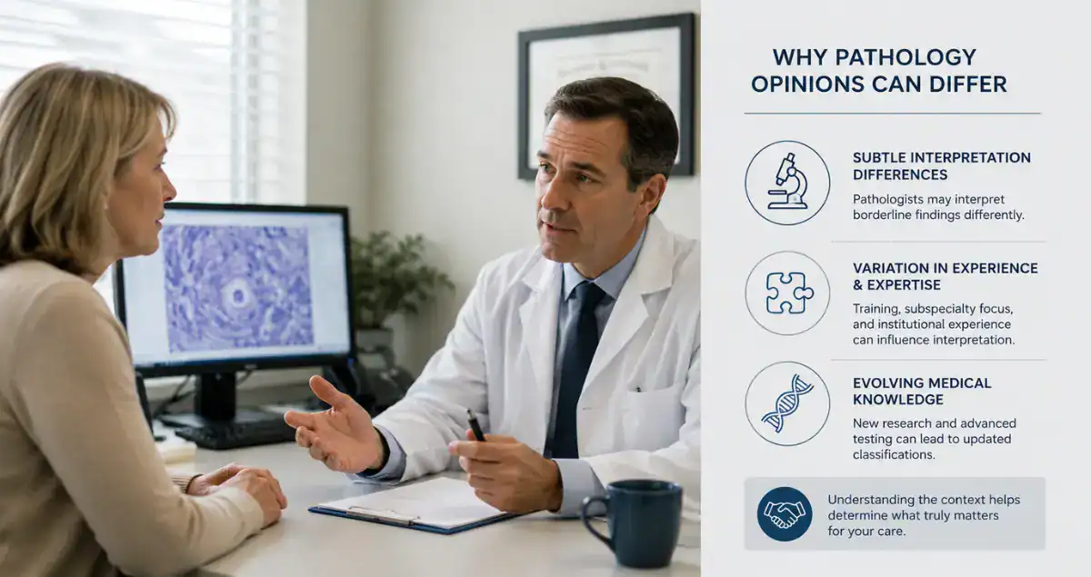 Doctor explaining why pathology opinions can differ during a pathology consultation at Honest Pathology