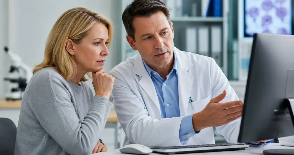 Patient discussing pathology consultation findings with a pathologist to better understand a cancer diagnosis at Honest Pathology