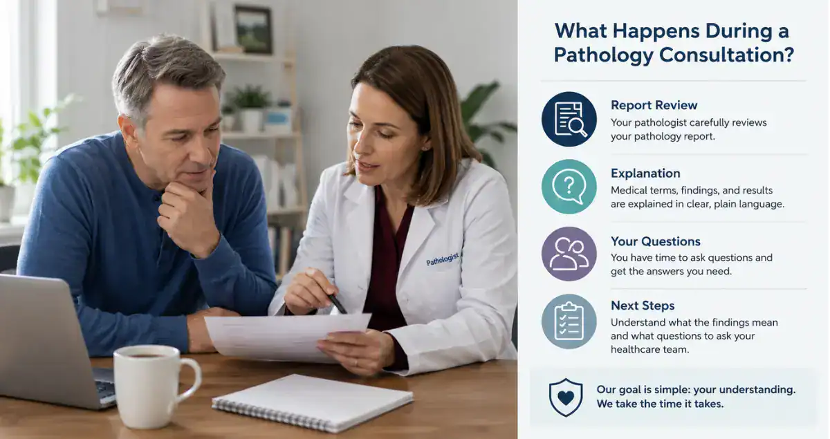 Patient reviewing pathology consultation steps with a pathologist at Honest Pathology