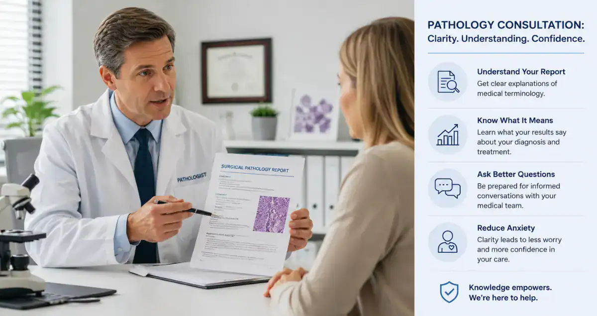 Patient reading a pathology report at home while trying to understand whether a pathology second opinion is needed
