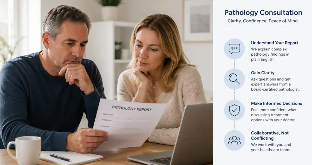 Couple reviewing a pathology report and learning about pathology consultation options from Honest Pathology