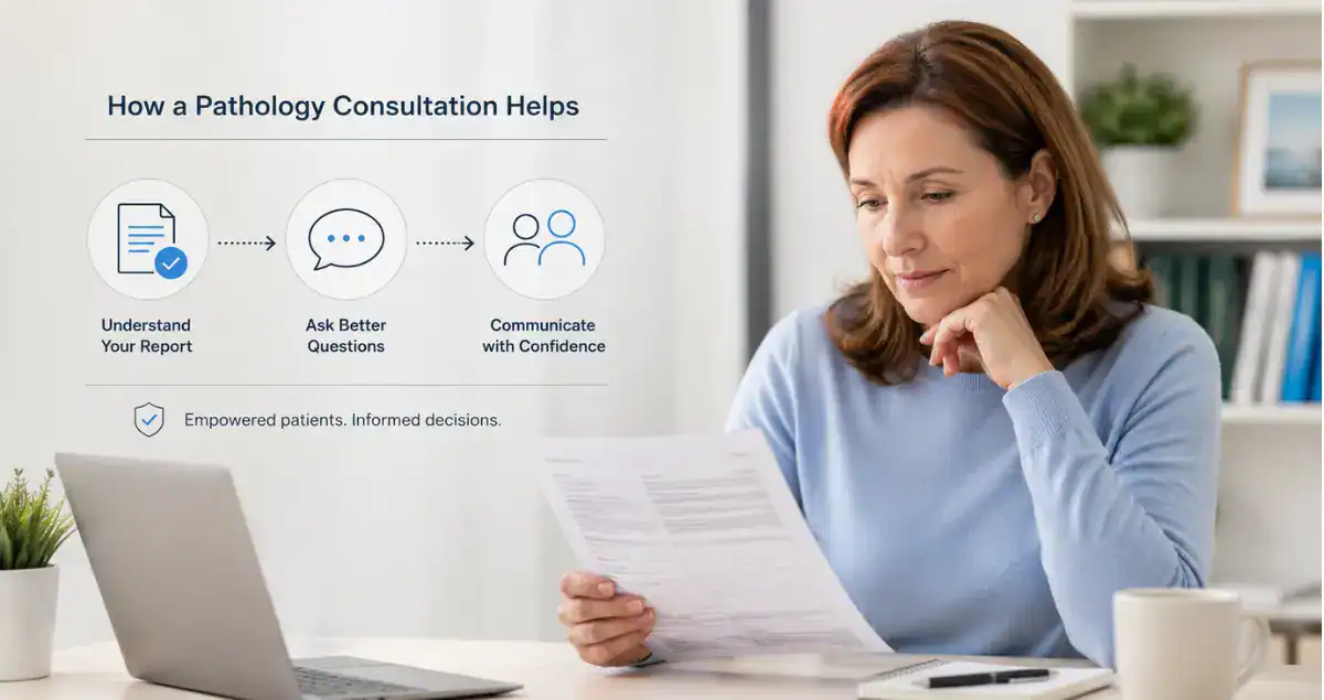 Patient reading a pathology report with a simple consultation process