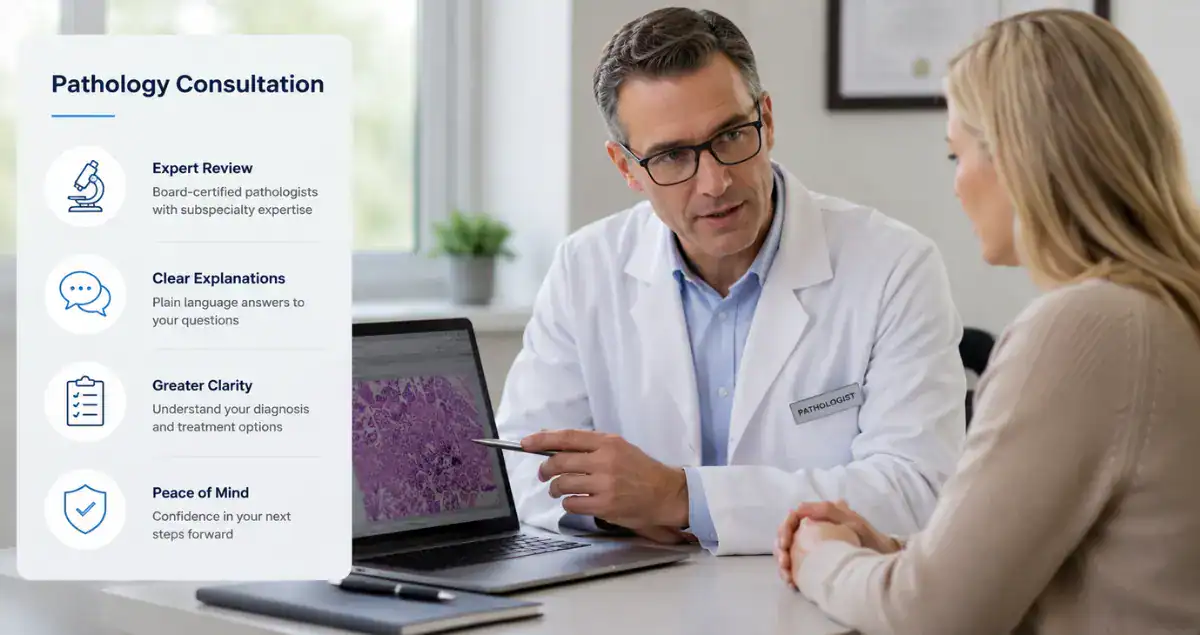 Pathology consultation discussing second opinions and pathology report clarity with a patient at Honest Pathology