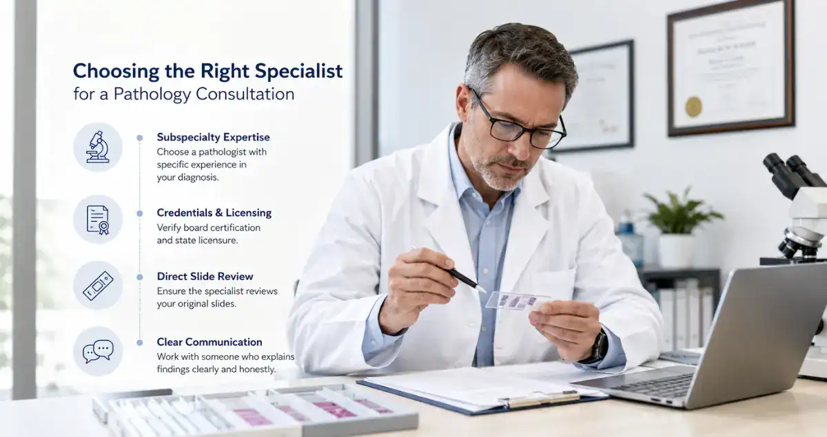 Specialist reviewing pathology slides with pathology consultation checklist and subspecialty expertise information at Honest Pathology