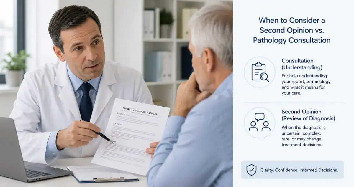 Doctor discussing a pathology report and second opinion options with a cancer patient at Honest Pathology