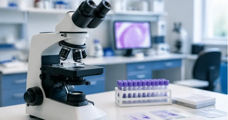 Microscope with pathology slides and blood sample tubes in a clinical laboratory