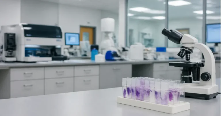 Microscope with pathology slides in a clinical laboratory used for diagnostic analysis