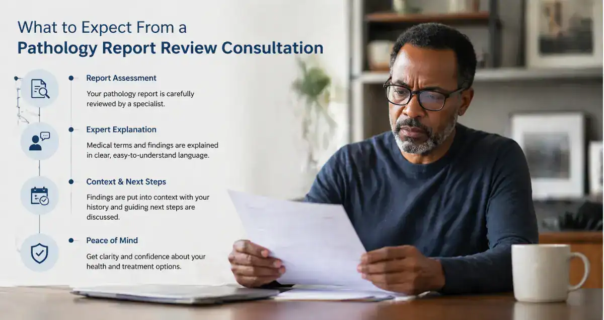 Patient reviewing pathology report with infographic explaining consultation process and next steps