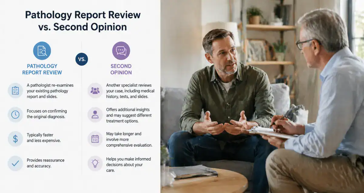 Infographic comparing pathology report review vs second opinion with patient and specialist discussion