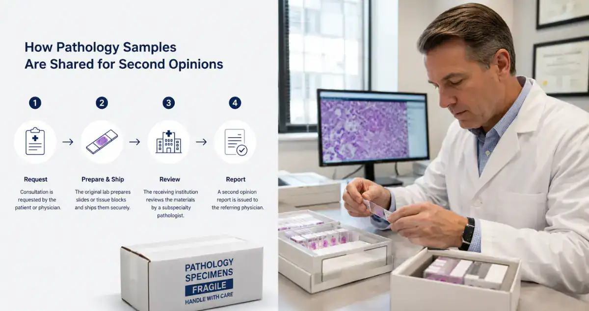 Pathology sample sharing process for second opinions with slide review and specimen transfer at Honest Pathology