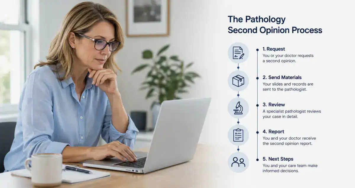 Patient reviewing the pathology second opinion process on a laptop with step-by-step consultation information from Honest Pathology