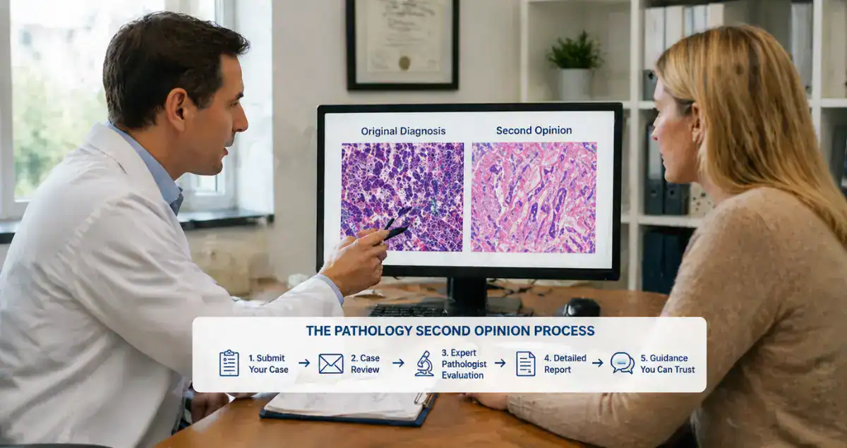 Doctor explaining pathology second opinion process with comparison of original diagnosis and second opinion results
