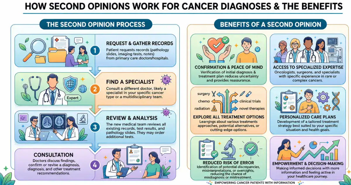 Patient discussing pathology report with a doctor in a clinical setting