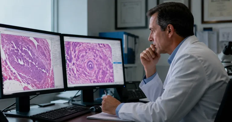 Pathologist reviewing biopsy slides and pathology findings for a second opinion consultation at Honest Pathology