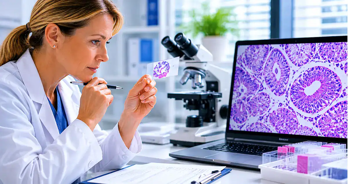 Pathologist reviewing a tissue slide and pathology images while evaluating a second opinion case at Honest Pathology