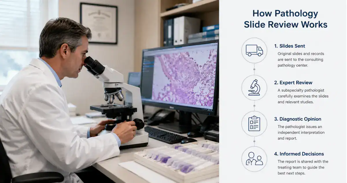 Pathology slide review process showing expert pathology consultation and diagnostic review at Honest Pathology