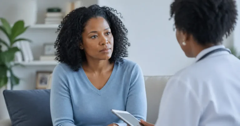 Patient discussing pathology report and seeking a second opinion from a doctor during consultation