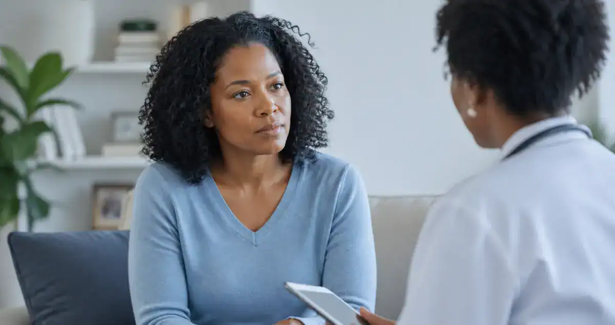 Patient discussing pathology report and seeking a second opinion from a doctor during consultation