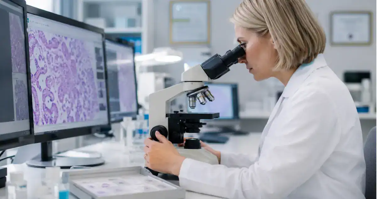 Board-certified pathologist reviewing biopsy slides and pathology reports in a modern laboratory at Honest Pathology