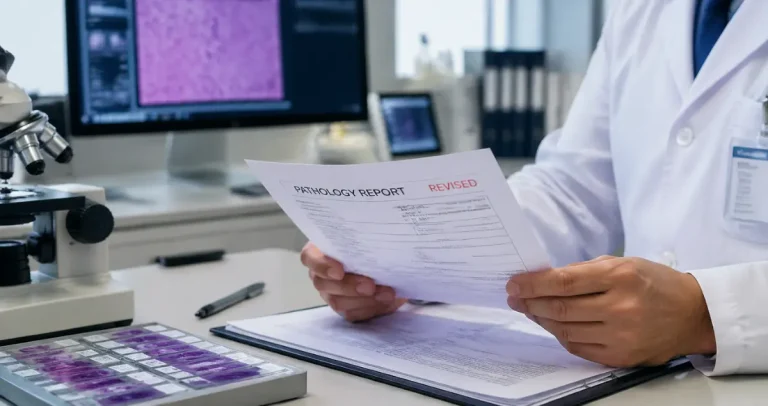 Pathologist reviewing a revised pathology report in a laboratory with microscope and tissue slides