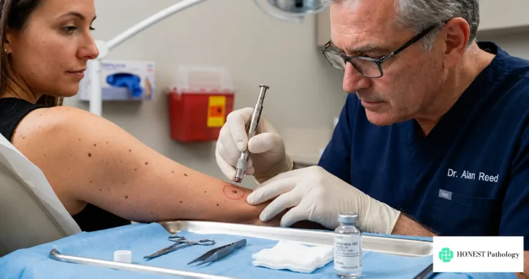 Dermatologist performing a skin biopsy on a patient’s arm to check for possible skin cancer