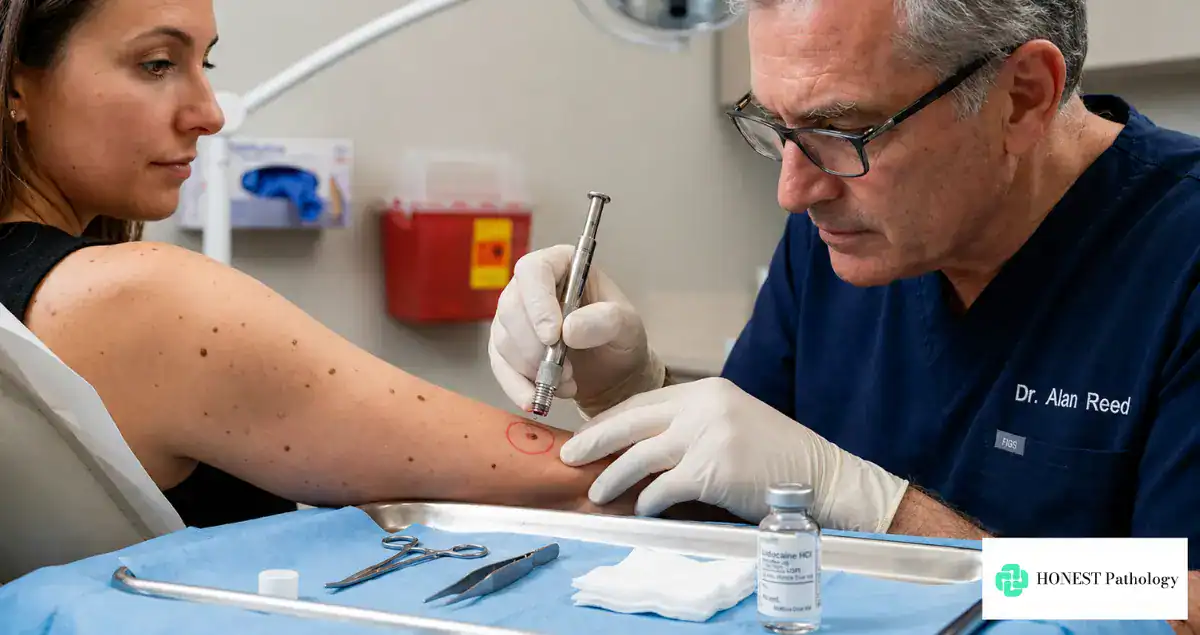 Dermatologist performing a skin biopsy on a patient’s arm to check for possible skin cancer