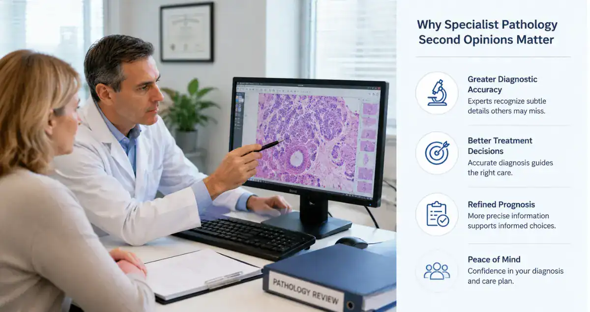 Honest Pathology specialist pathology consultation discussing second opinion results with a patient