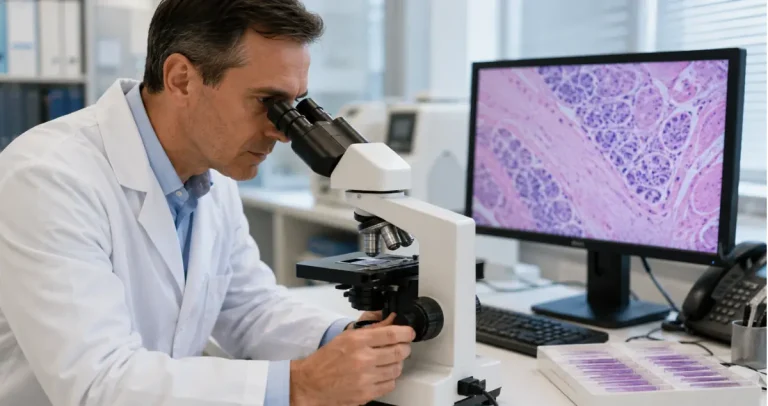 Honest Pathology specialist reviewing pathology slides and tissue samples for a formal second opinion diagnosis