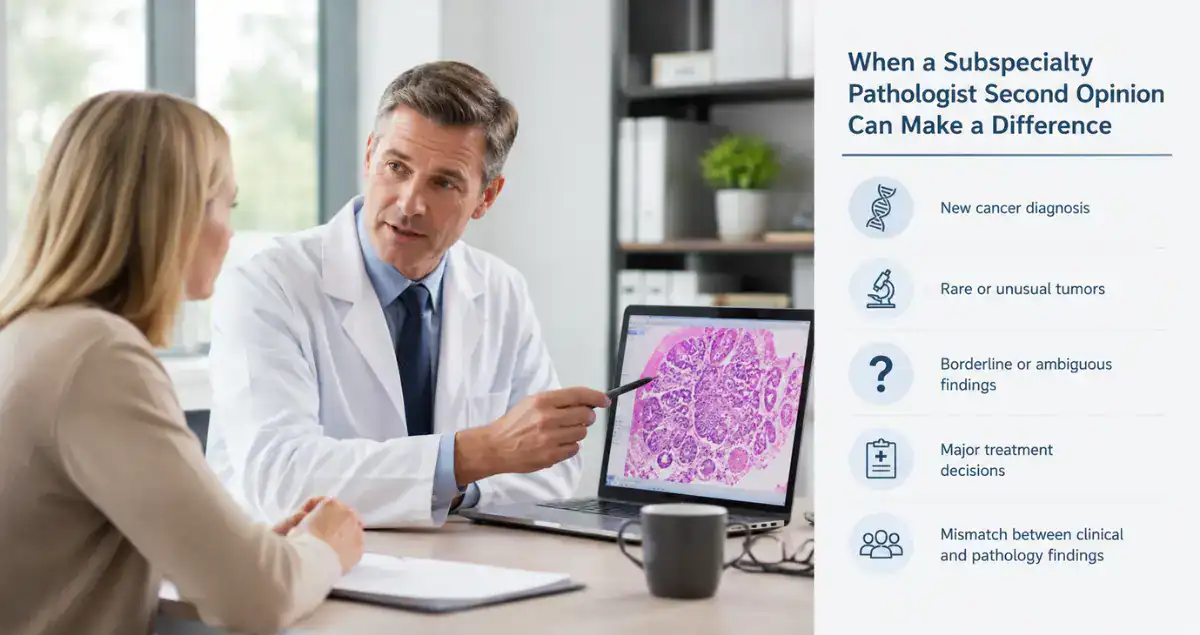 Doctor discussing pathology second opinion recommendations with patient during a consultation at Honest Pathology