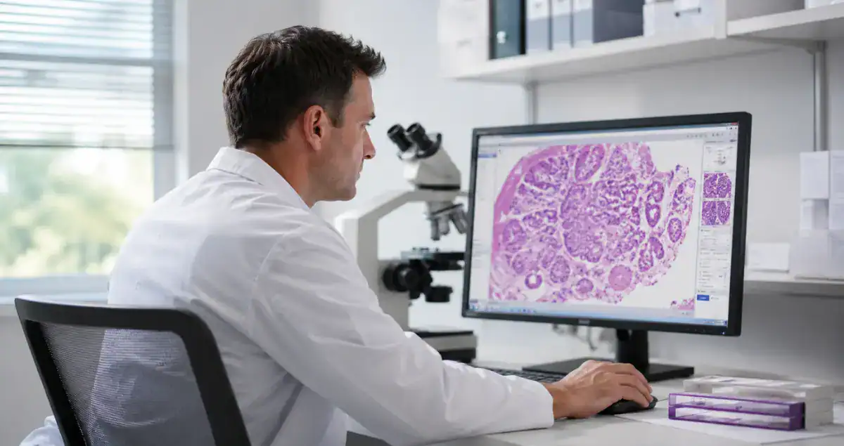Pathologist reviewing digital biopsy slides for a pathology second opinion consultation at Honest Pathology