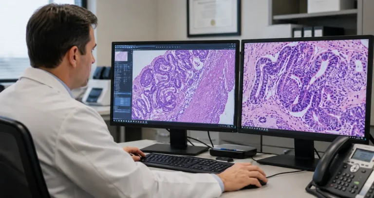 Telepathology remote pathology review specialist examining digital biopsy slides on dual monitors at Honest Pathology