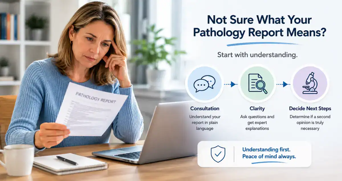 Patient reviewing a pathology report while learning whether a pathology second opinion is necessary through a consultation with Honest Pathology