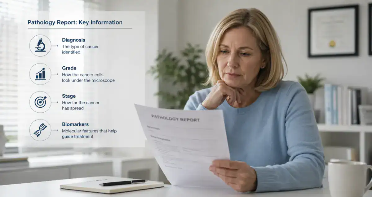 Patient reviewing a pathology report with cancer diagnosis information and biomarkers at Honest Pathology
