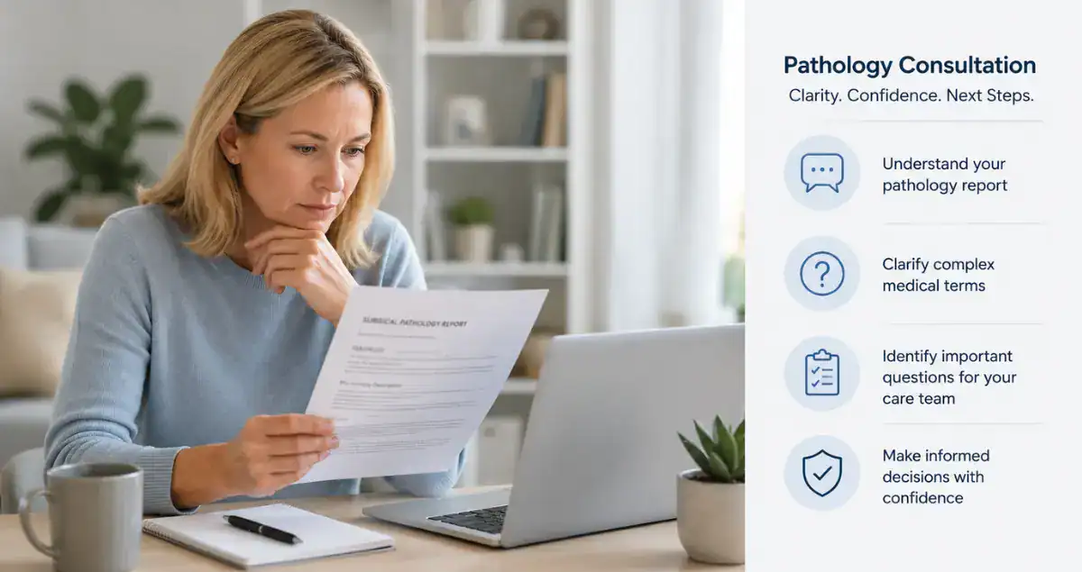Patient reviewing a pathology report and consultation guidance from Honest Pathology