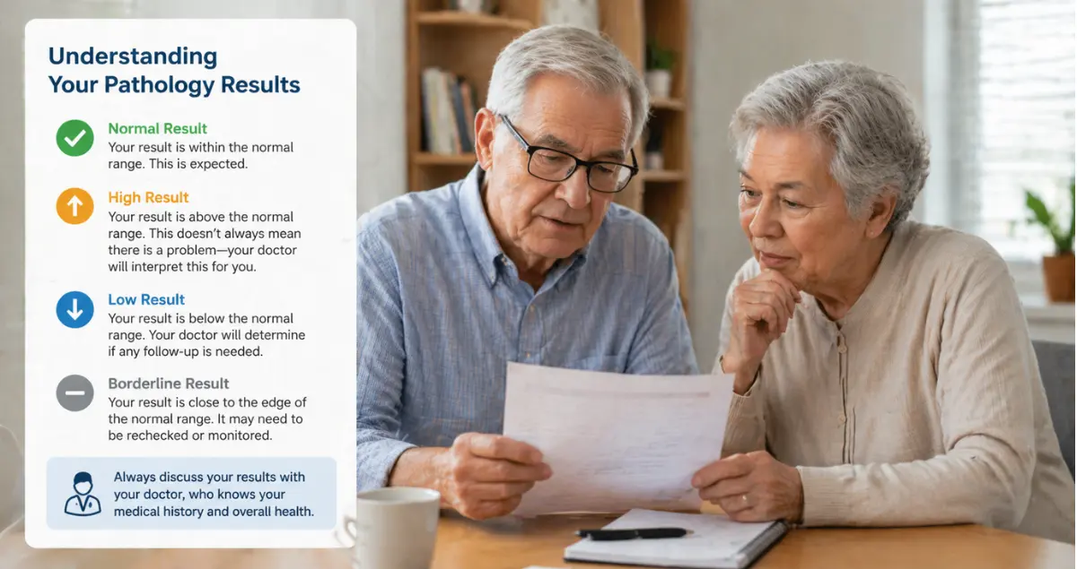 Elderly couple reviewing pathology results with infographic showing normal high low and borderline results