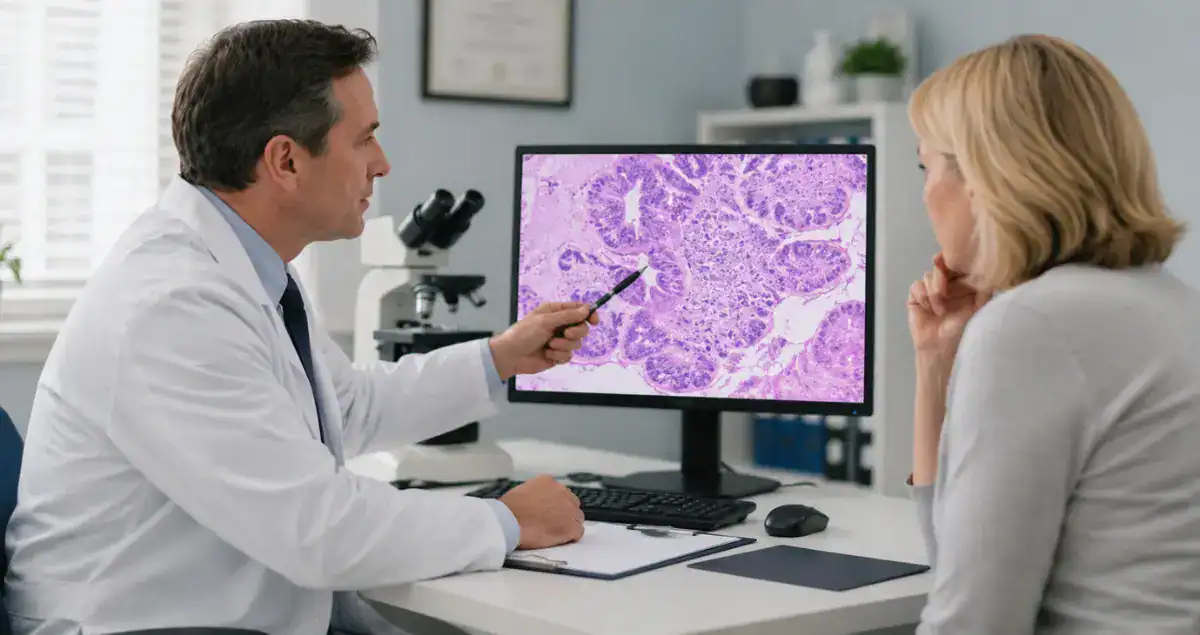 Pathologist explaining a pathology report and biopsy findings to a patient during a pathology consultation at Honest Pathology
