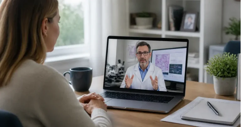Patient attending virtual pathology consultation with doctor on laptop from home
