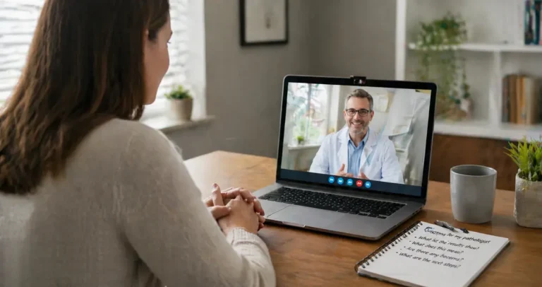 Patient attending online pathology consultation via laptop video call with pathologist